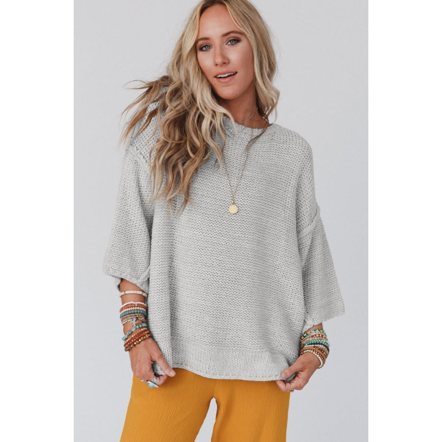 Round Neck Dropped Shoulder Sweater Light Gray / S