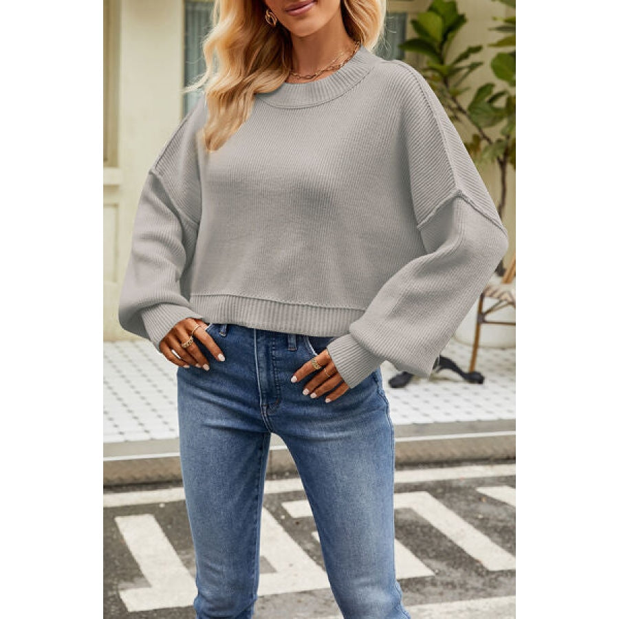 Round Neck Dropped Shoulder Sweater Light Gray / XS Apparel and Accessories