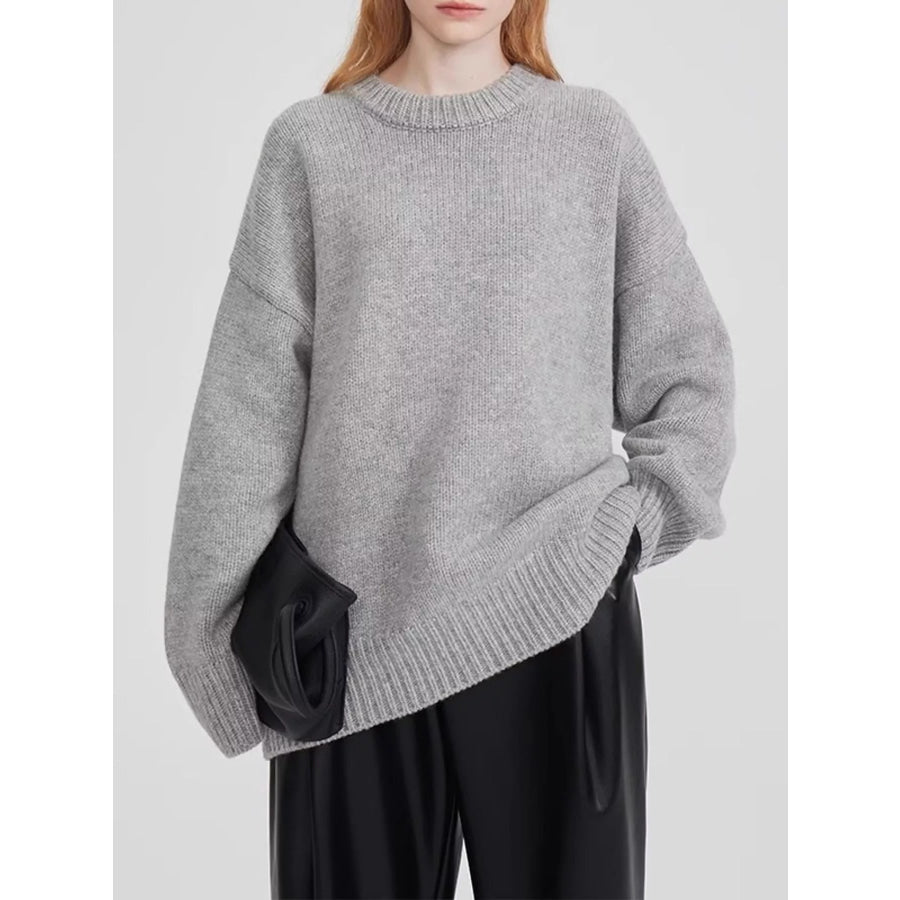 Round Neck Dropped Shoulder Sweater Medium Gray / M Apparel and Accessories