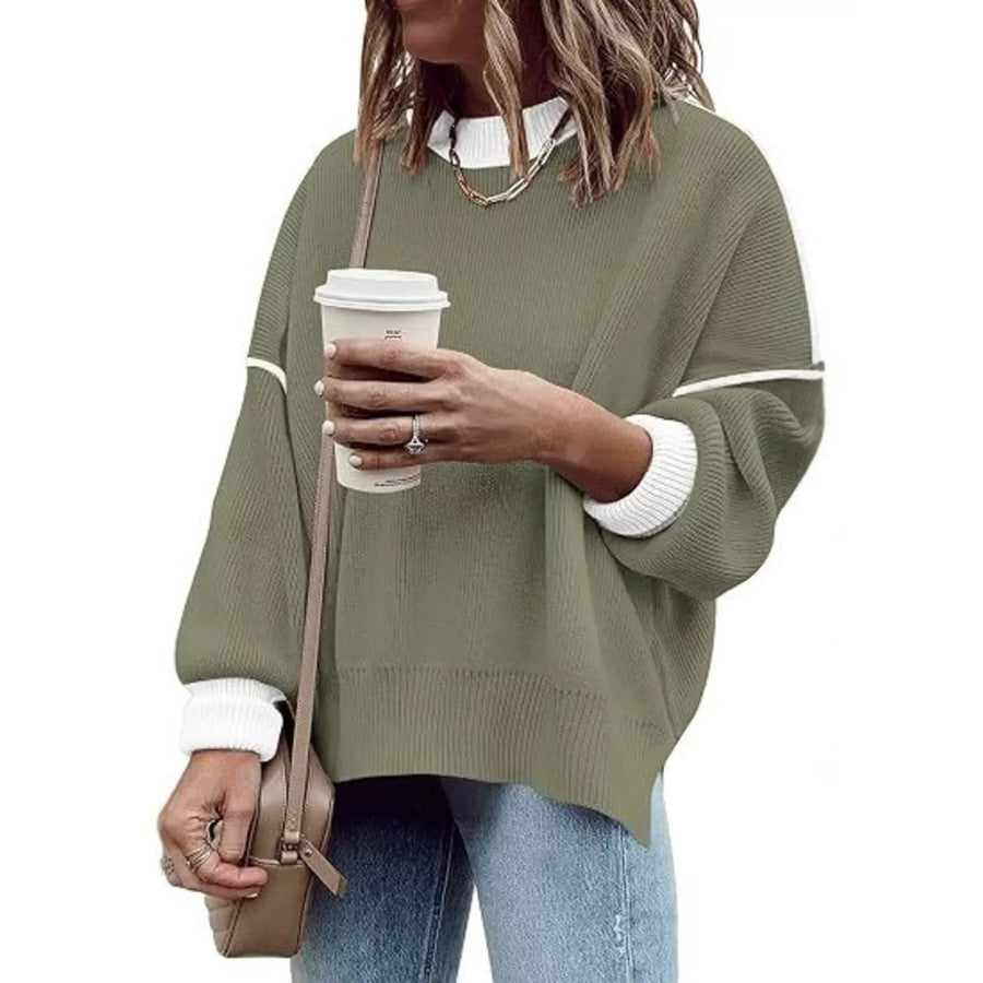 Round Neck Dropped Shoulder Sweater Military Green / S Apparel and Accessories