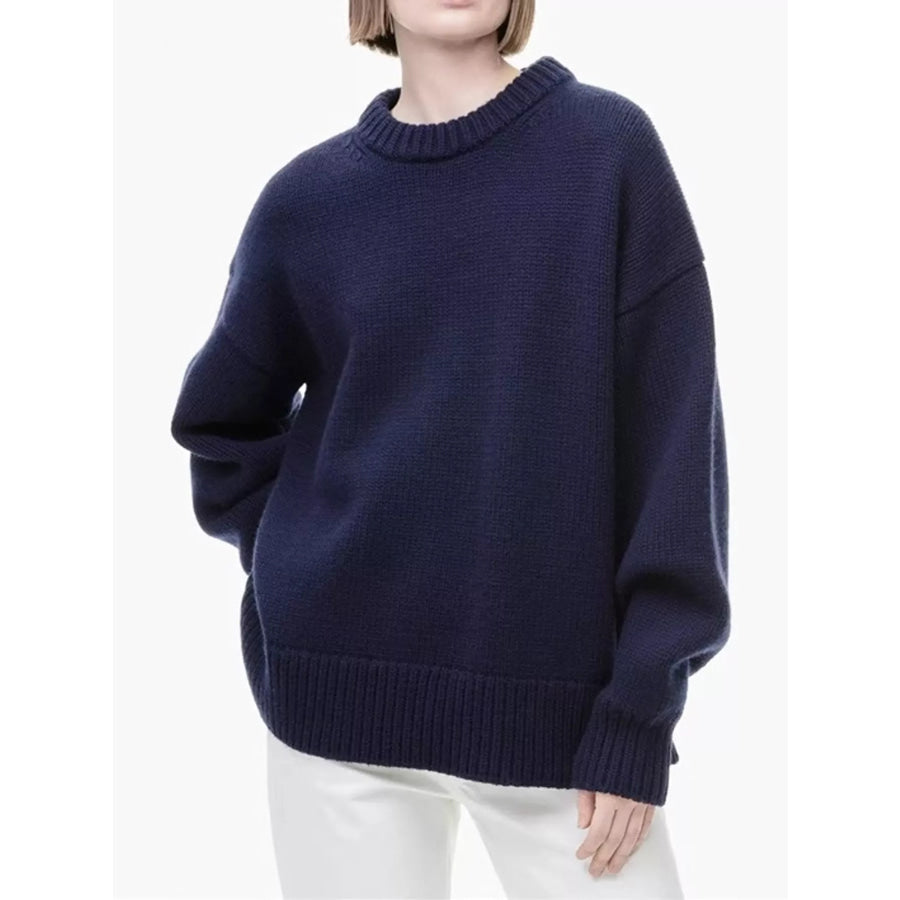 Round Neck Dropped Shoulder Sweater Navy / M Apparel and Accessories