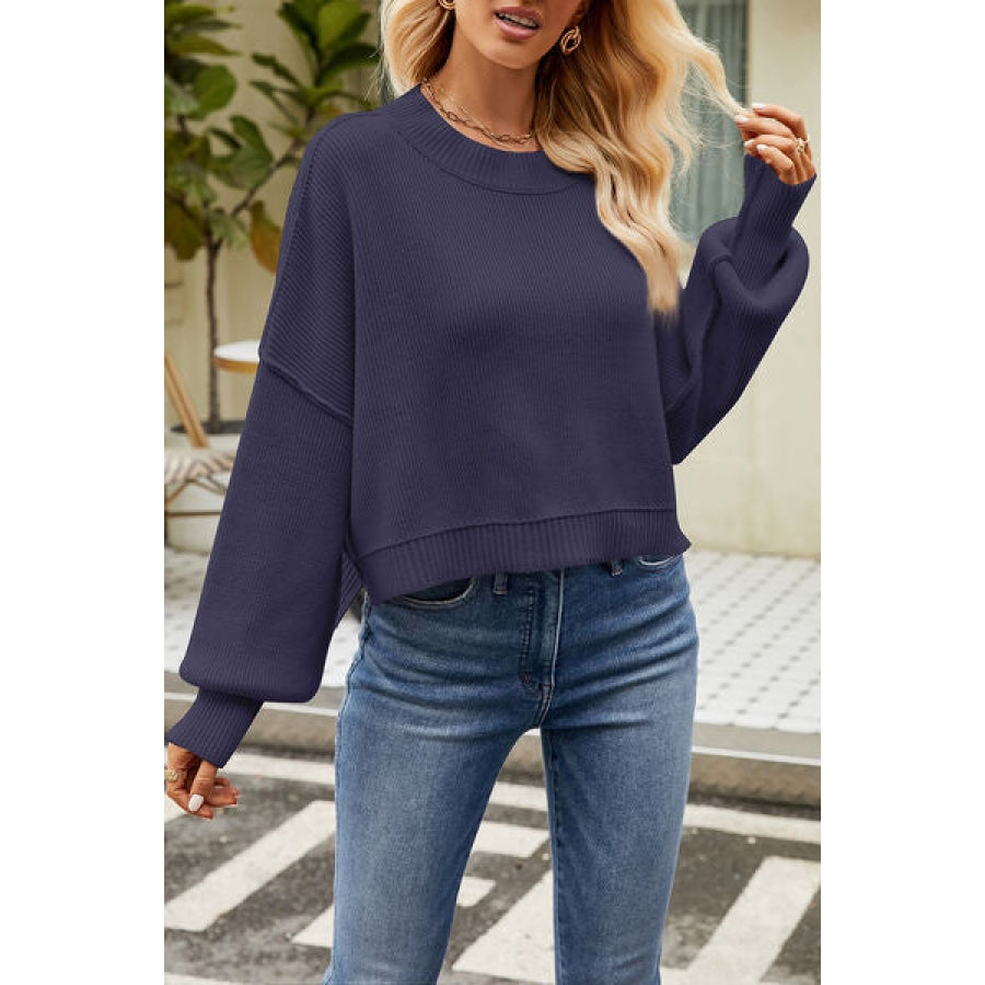 Round Neck Dropped Shoulder Sweater Navy / XS Apparel and Accessories
