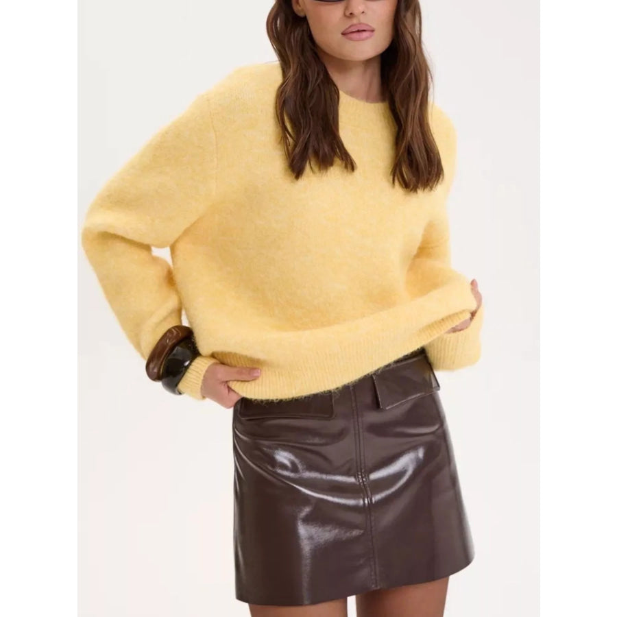 Round Neck Dropped Shoulder Sweater Pastel Yellow / One Size Apparel and Accessories