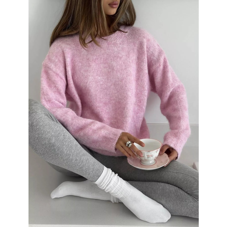 Round Neck Dropped Shoulder Sweater Pink / One Size Apparel and Accessories