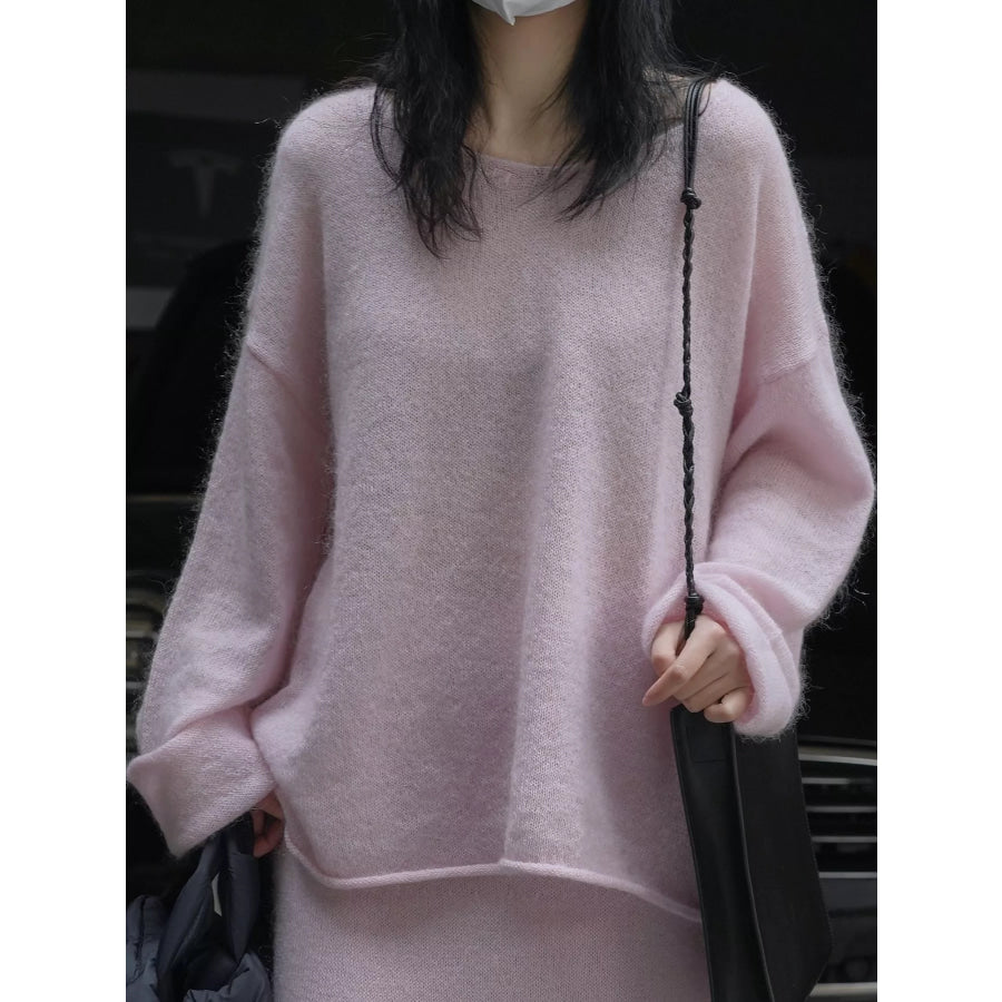 Round Neck Dropped Shoulder Sweater Pink / One Size Apparel and Accessories