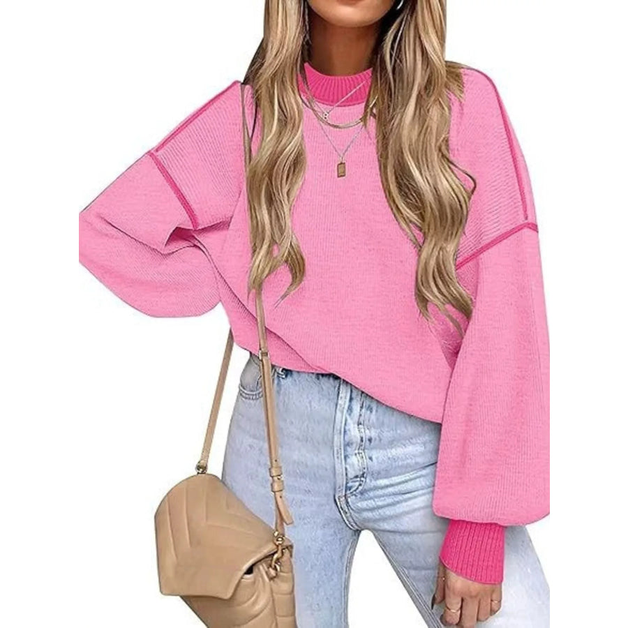 Round Neck Dropped Shoulder Sweater Pink / S Apparel and Accessories