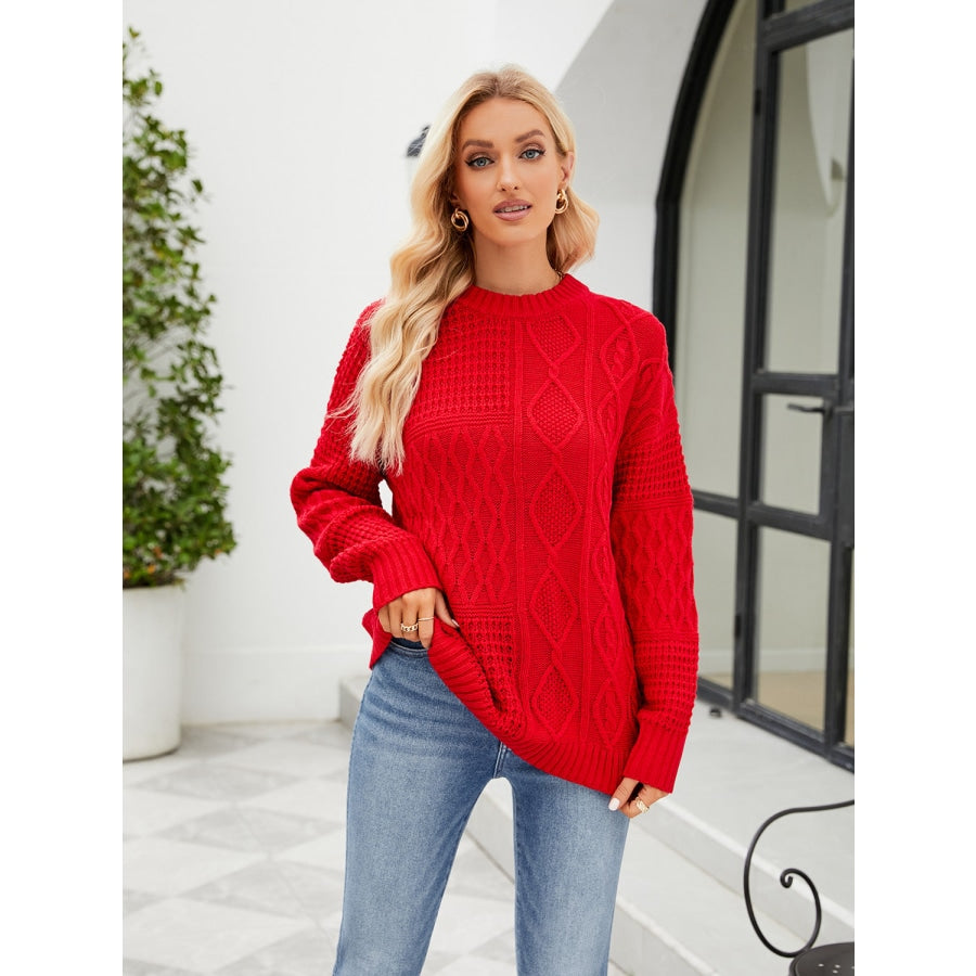 Round Neck Dropped Shoulder Sweater Red / S