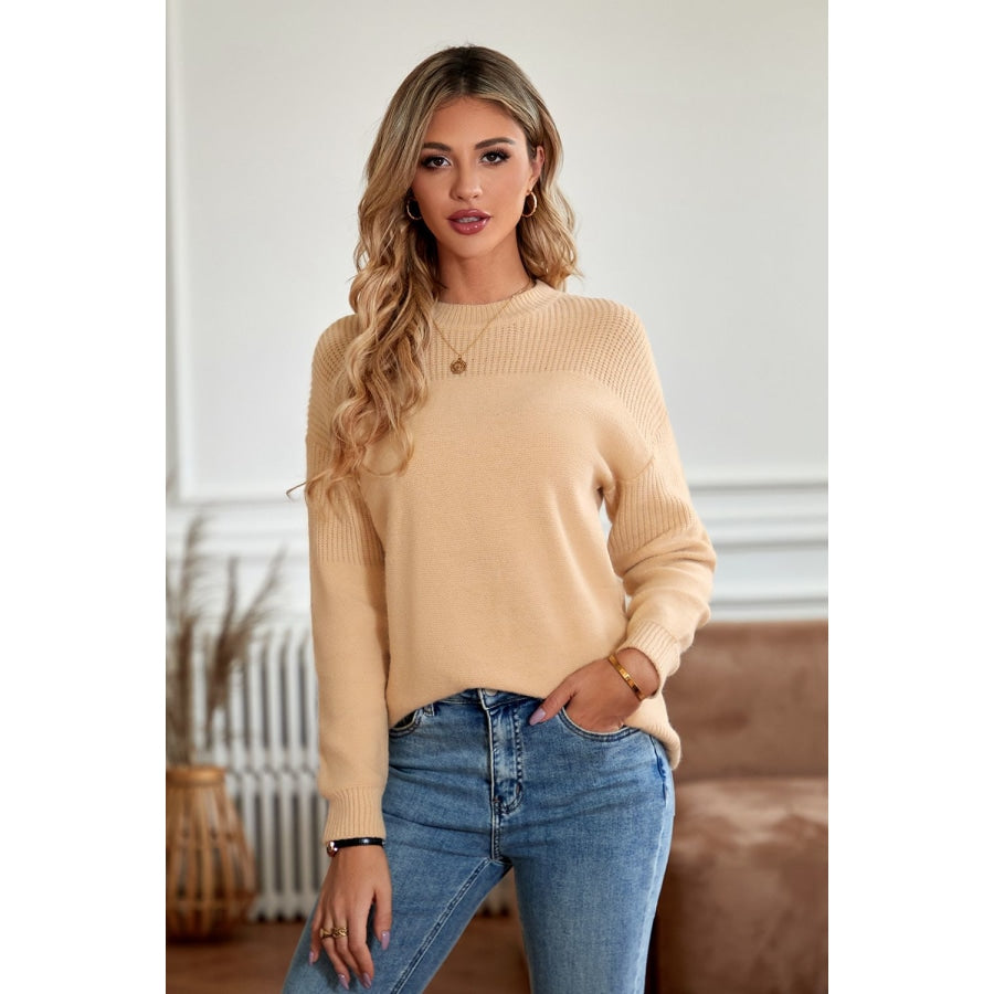 Round Neck Dropped Shoulder Sweater Sand / S