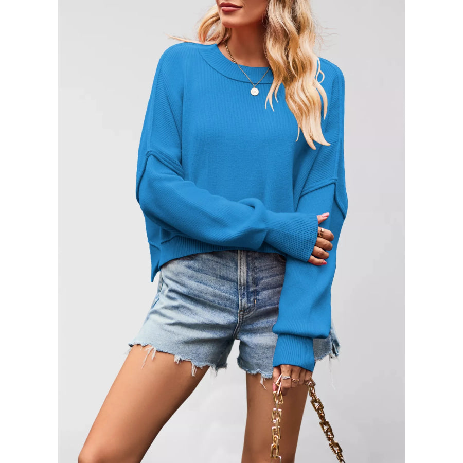 Round Neck Dropped Shoulder Sweater Sky Blue / S Apparel and Accessories