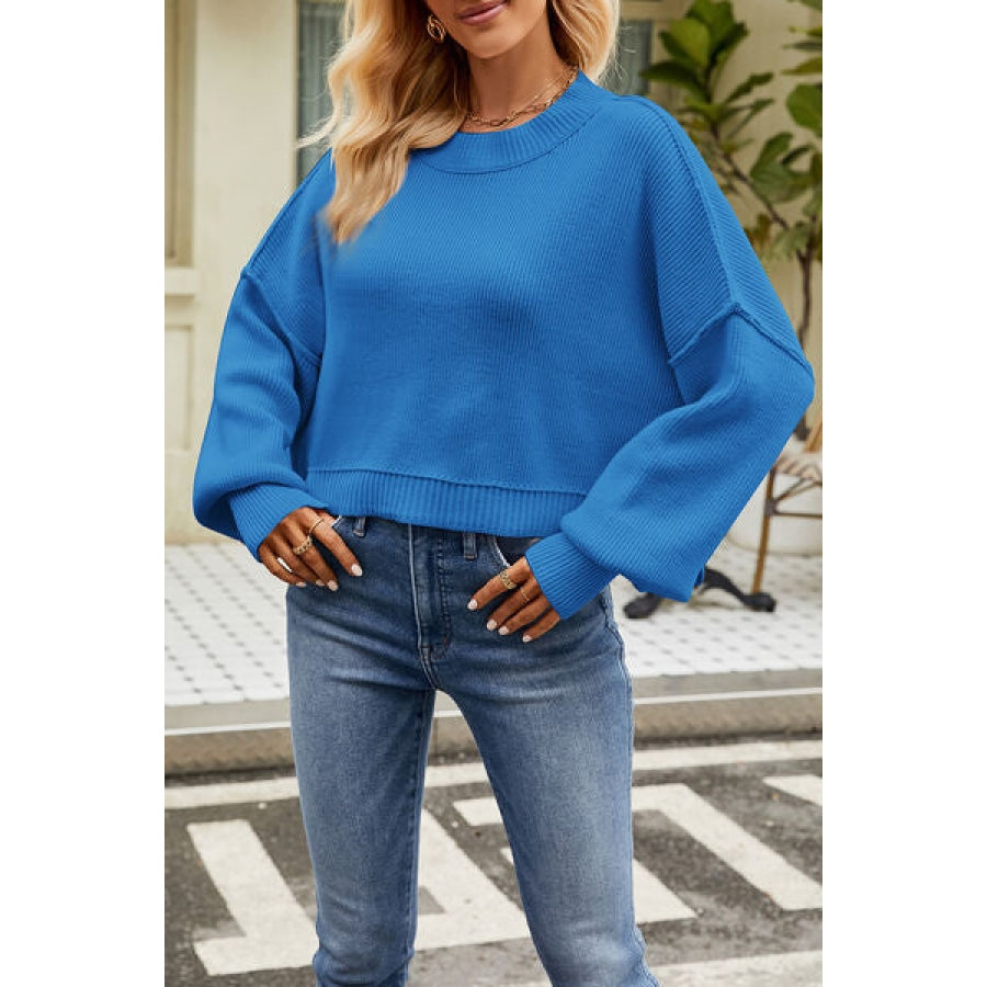 Round Neck Dropped Shoulder Sweater Sky Blue / XS Apparel and Accessories