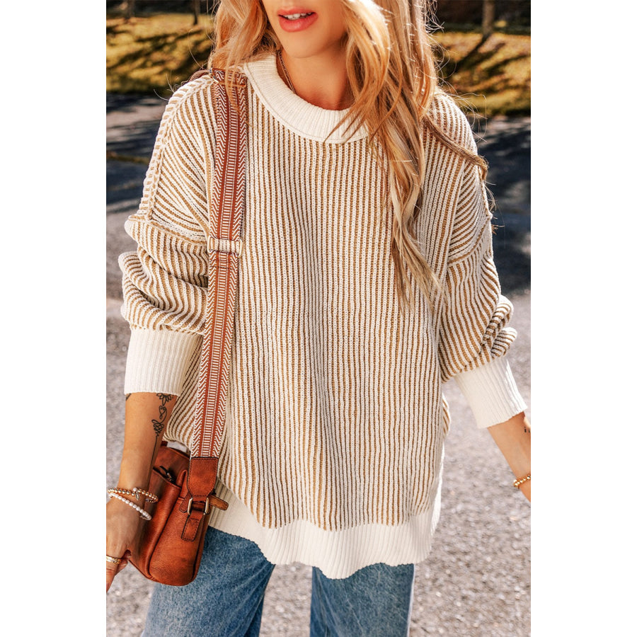 Round Neck Dropped Shoulder Sweater Stripe / S Apparel and Accessories