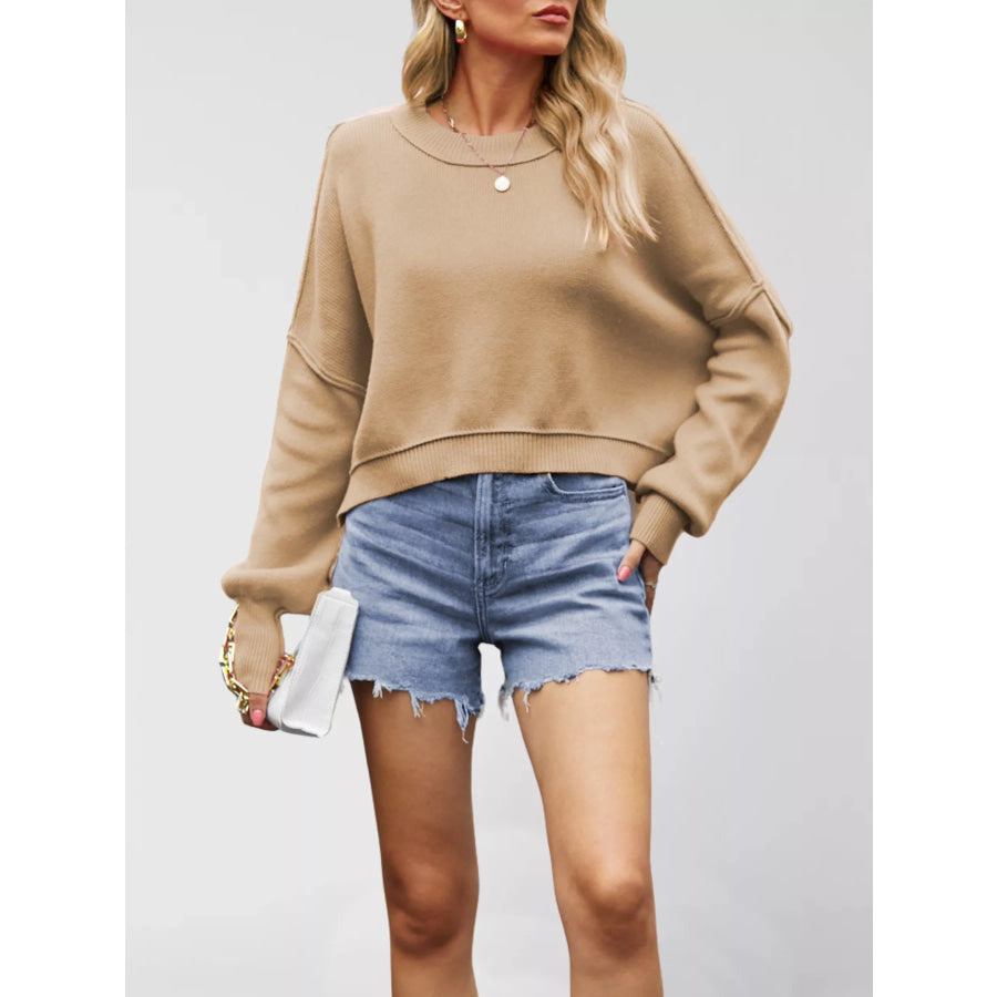 Round Neck Dropped Shoulder Sweater Tan / S Apparel and Accessories