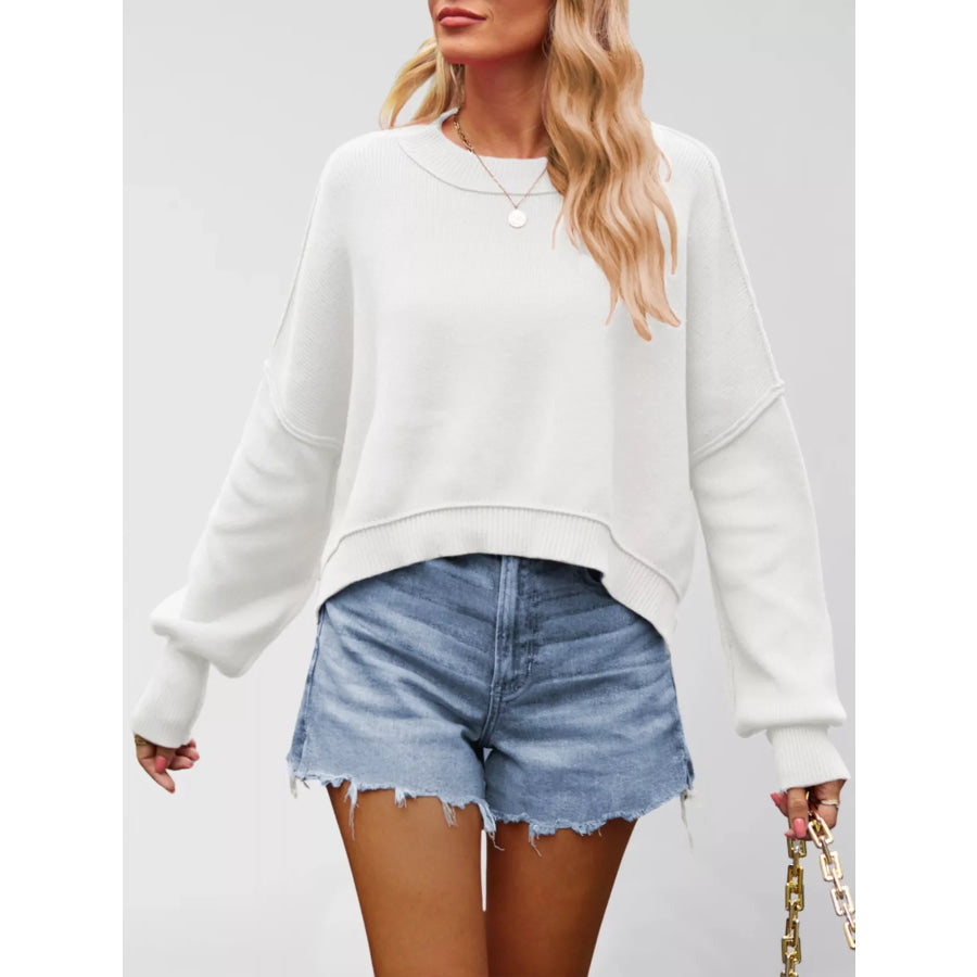 Round Neck Dropped Shoulder Sweater White / S Apparel and Accessories