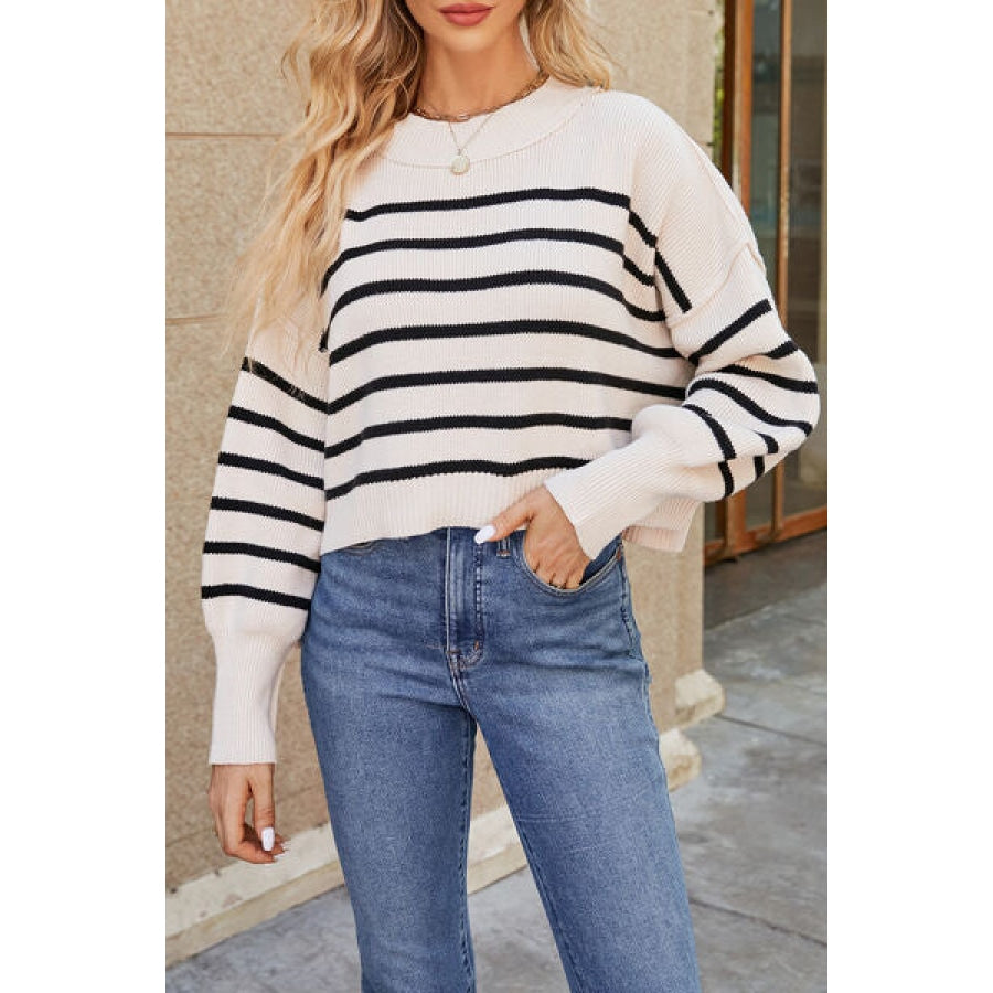 Round Neck Dropped Shoulder Sweater White / XS Apparel and Accessories