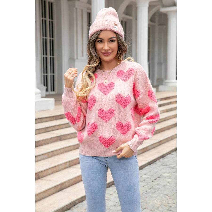 Round Neck Dropped Shoulder Sweater with Heart Pattern Blush Pink / S