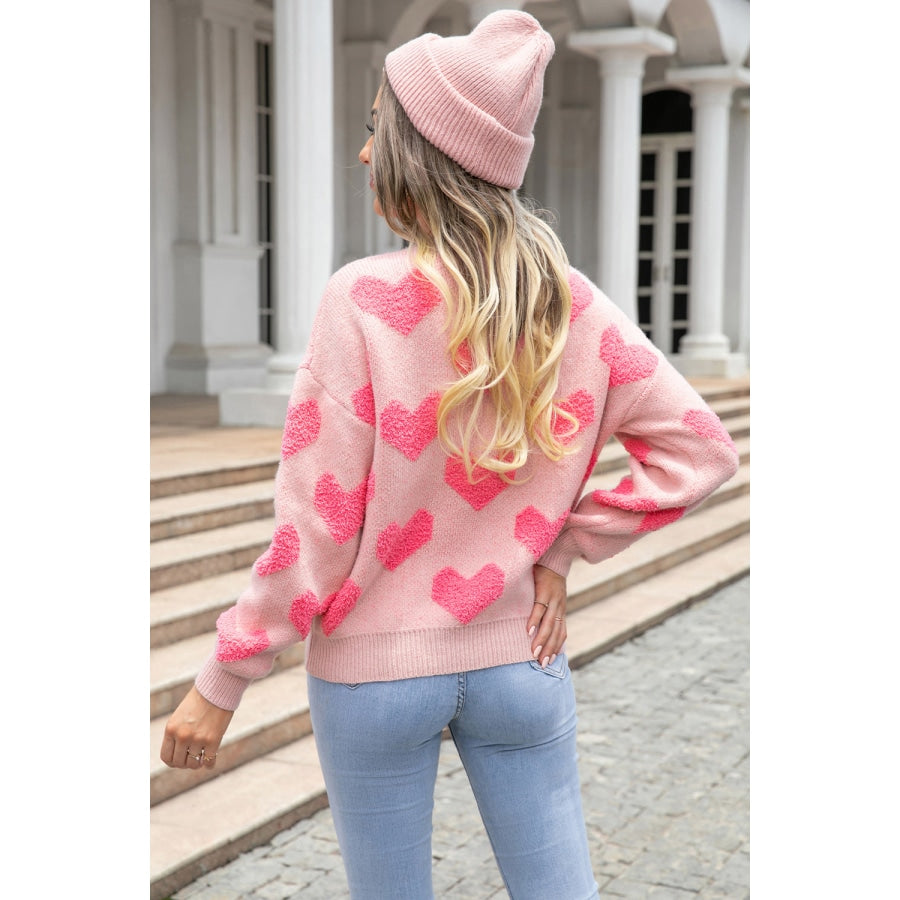 Round Neck Dropped Shoulder Sweater with Heart Pattern