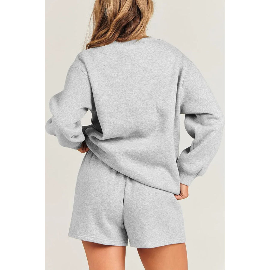 Round Neck Dropped Shoulder Sweatshirt and Shorts Set Apparel and Accessories