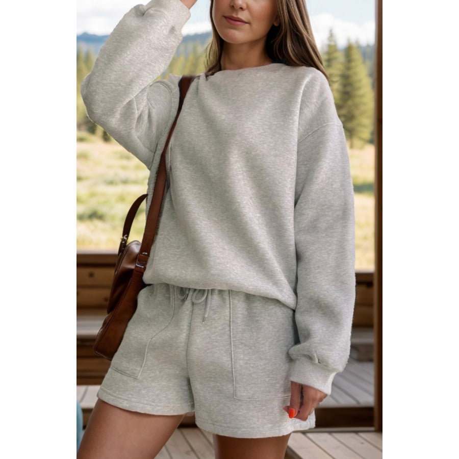 Round Neck Dropped Shoulder Sweatshirt and Shorts Set Gray / S Apparel and Accessories