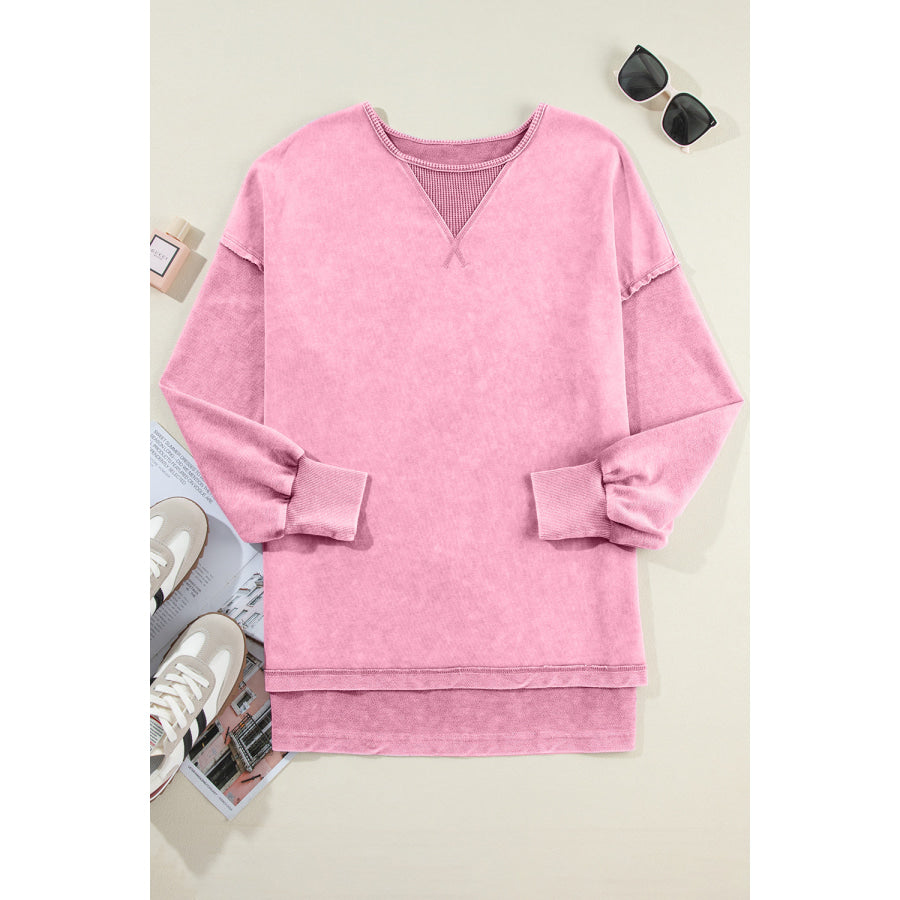 Round Neck Dropped Shoulder Sweatshirt Pink / S Apparel and Accessories