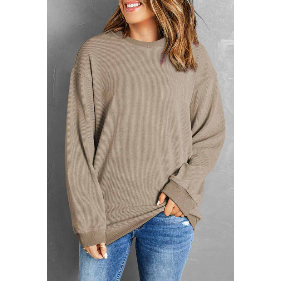 Round Neck Dropped Shoulder Sweatshirt Khaki / S Apparel and Accessories