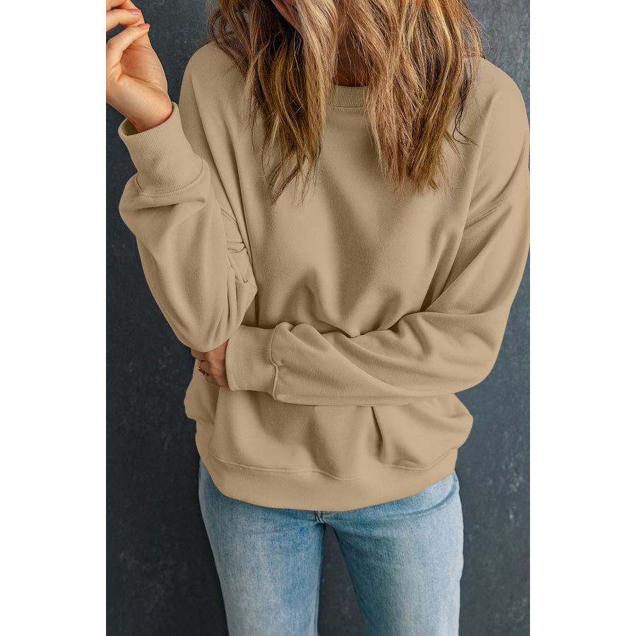 Round Neck Dropped Shoulder Sweatshirt Khaki / S Apparel and Accessories