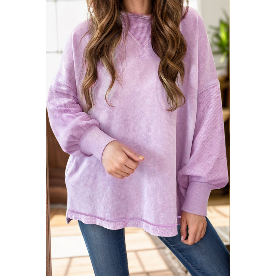 Round Neck Dropped Shoulder Sweatshirt Lavender / S Apparel and Accessories