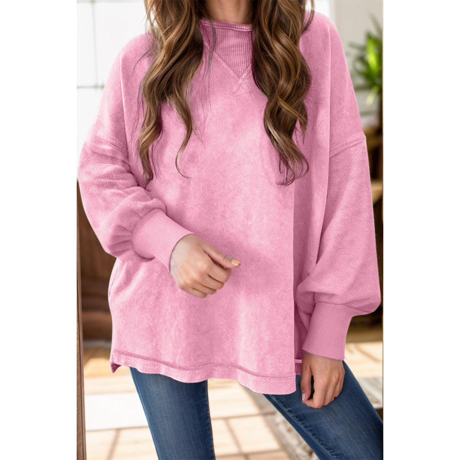 Round Neck Dropped Shoulder Sweatshirt Pink / S Apparel and Accessories