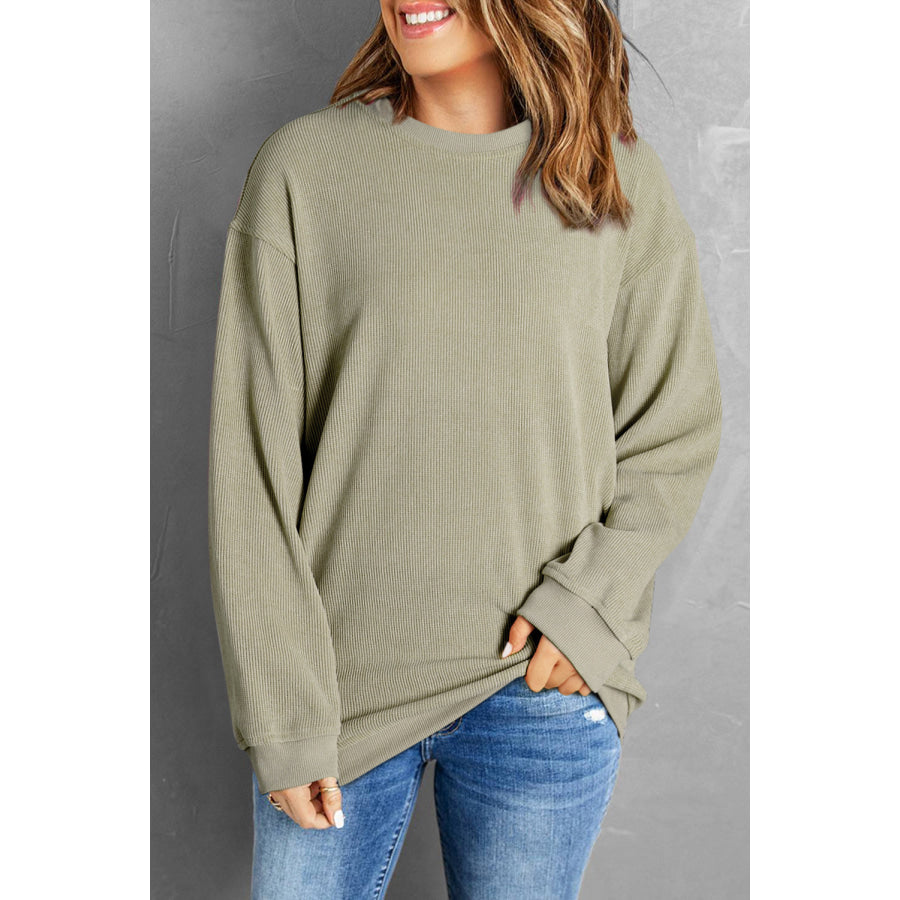 Round Neck Dropped Shoulder Sweatshirt Sage / S Apparel and Accessories