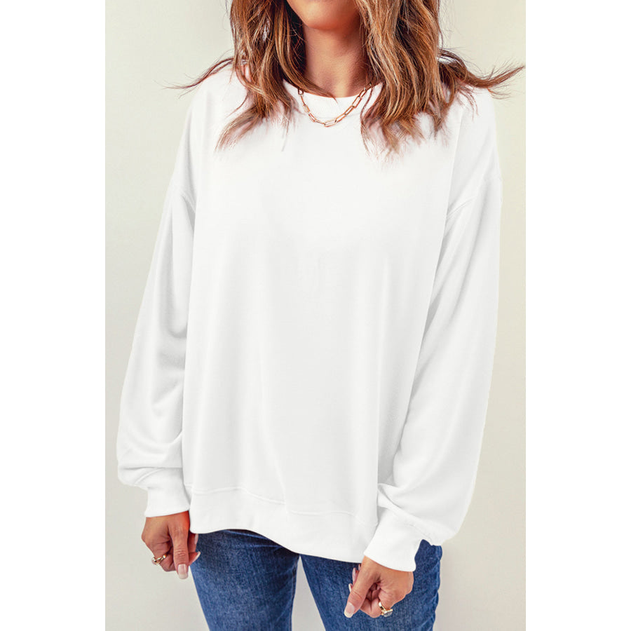 Round Neck Dropped Shoulder Sweatshirt White / S Apparel and Accessories