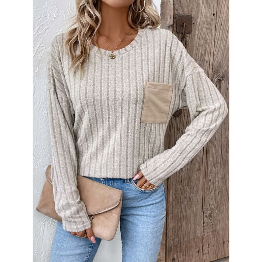 Round Neck Dropped Shoulder T-Shirt Beige / S Clothing