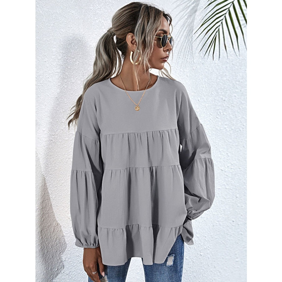 Round Neck Dropped Shoulder Tiered Blouse Light Gray / S