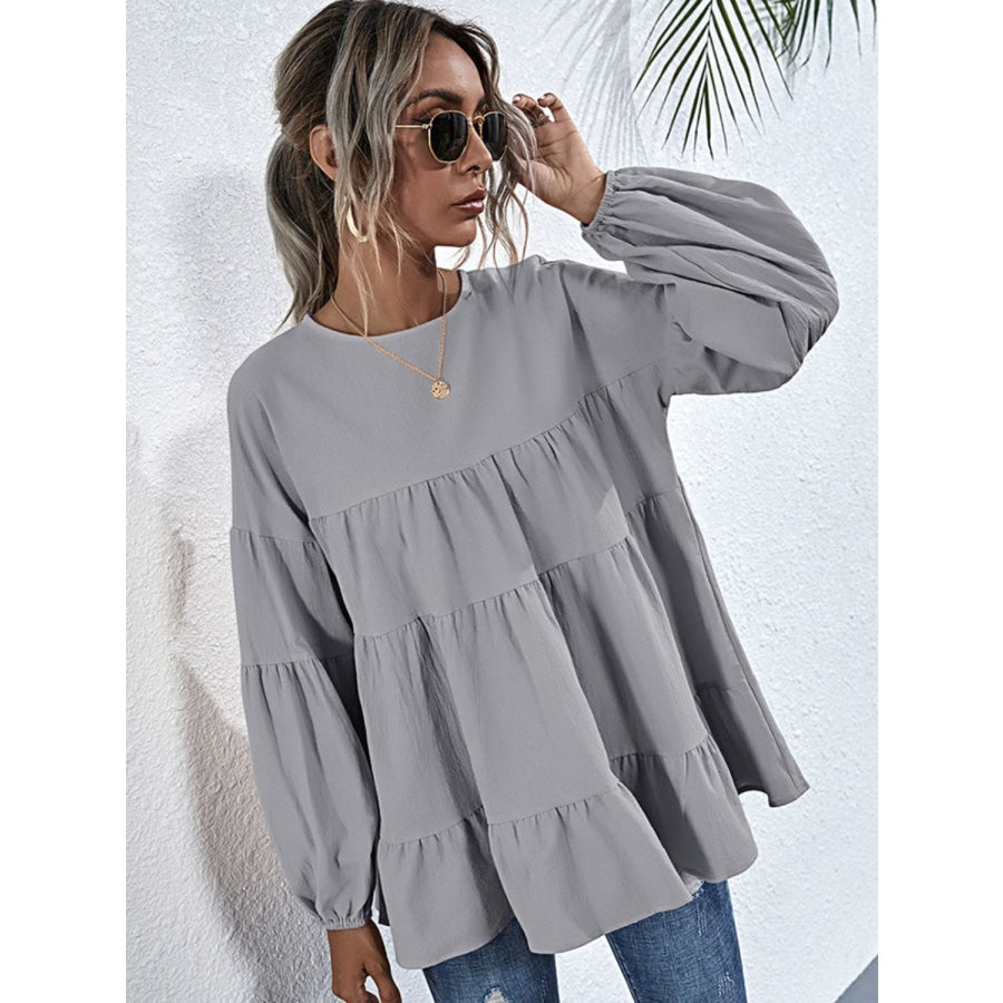 Round Neck Dropped Shoulder Tiered Blouse