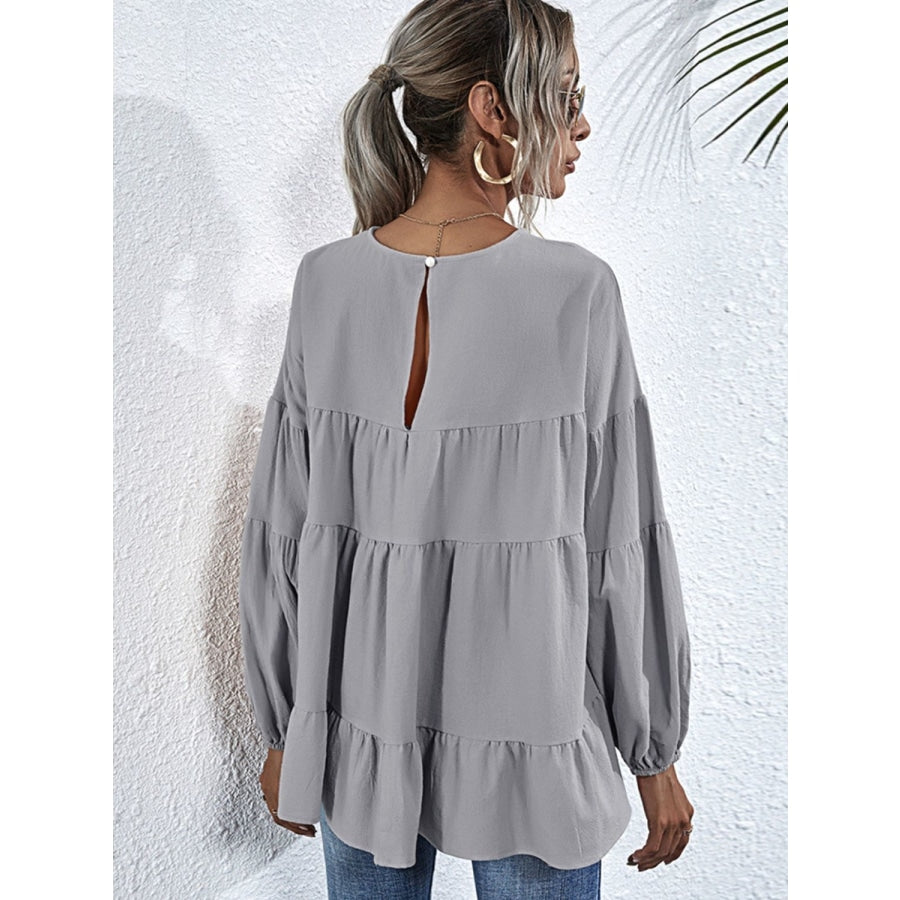 Round Neck Dropped Shoulder Tiered Blouse