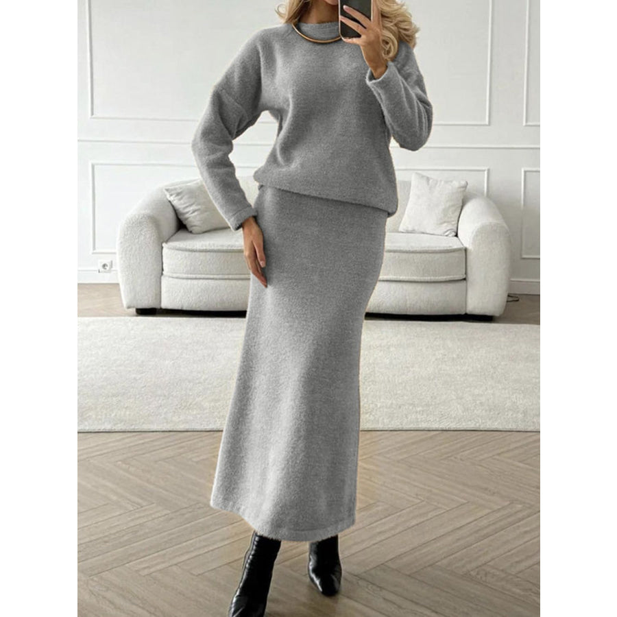 Round Neck Dropped Shoulder Top and Midi Skirt Sweater Set Apparel and Accessories