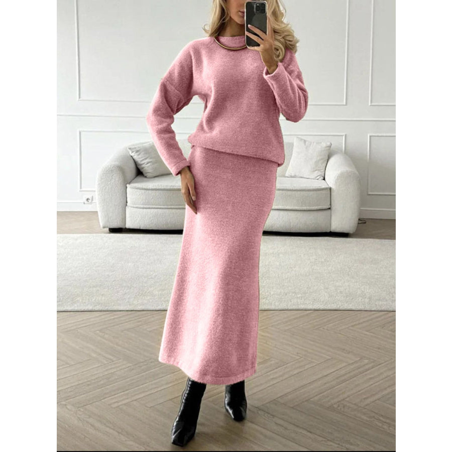 Round Neck Dropped Shoulder Top and Midi Skirt Sweater Set Apparel and Accessories