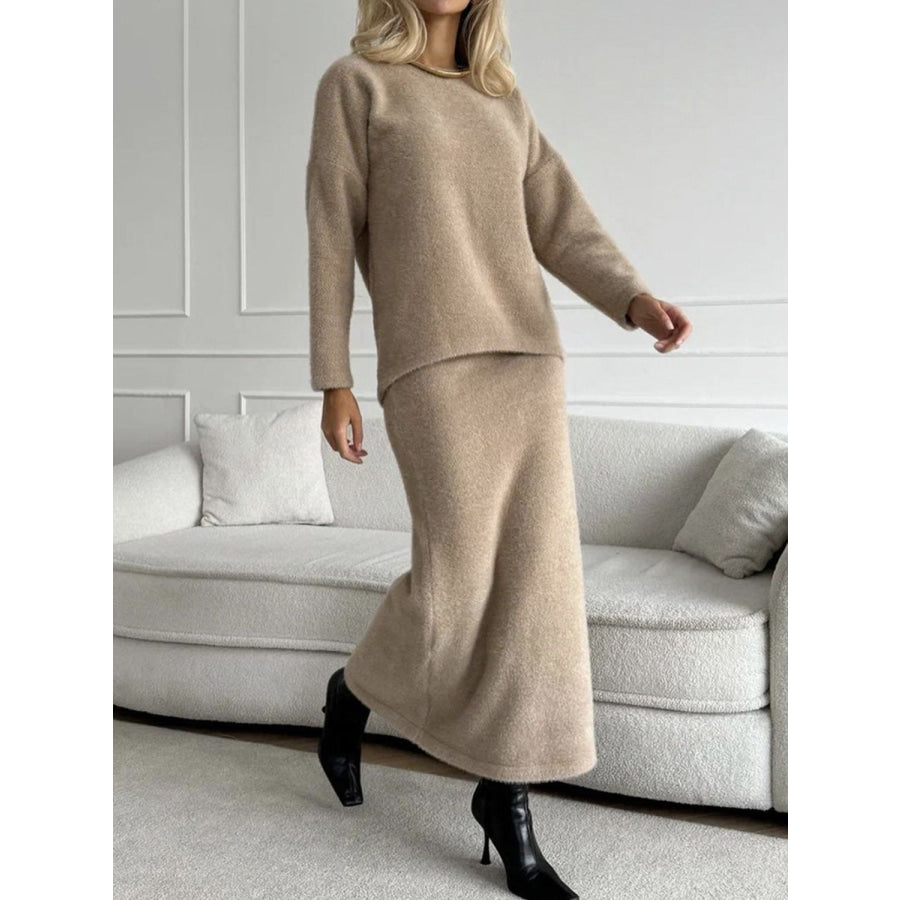 Round Neck Dropped Shoulder Top and Midi Skirt Sweater Set Apparel and Accessories