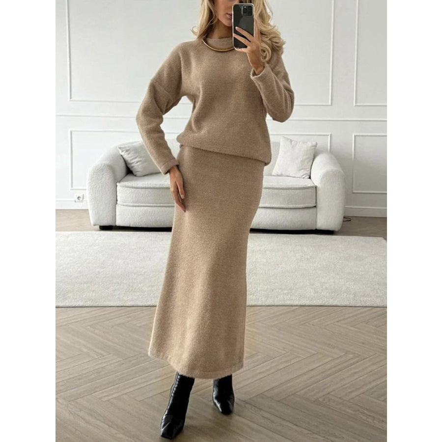 Round Neck Dropped Shoulder Top and Midi Skirt Sweater Set Apparel and Accessories