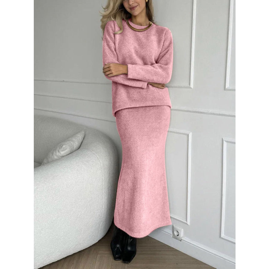 Round Neck Dropped Shoulder Top and Midi Skirt Sweater Set Apparel and Accessories