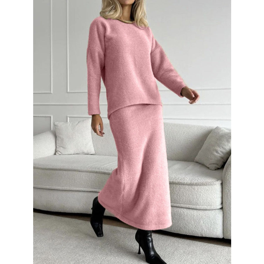 Round Neck Dropped Shoulder Top and Midi Skirt Sweater Set Blush Pink / One Size Apparel and Accessories