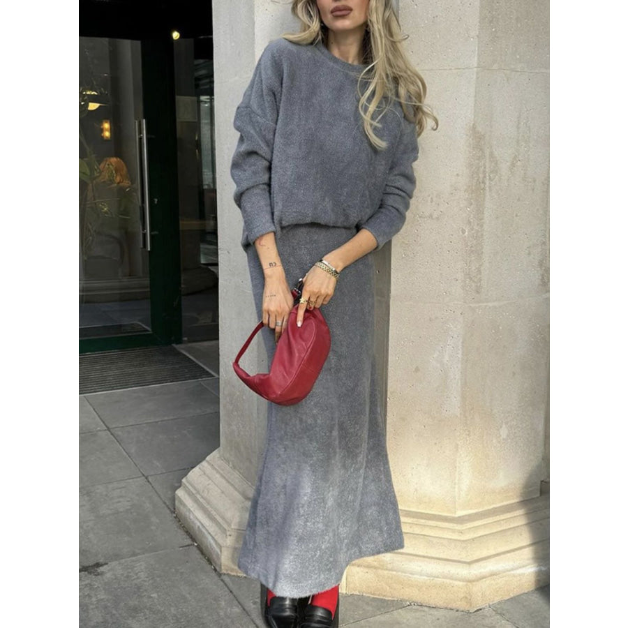 Round Neck Dropped Shoulder Top and Midi Skirt Sweater Set Dark Gray / One Size Apparel and Accessories