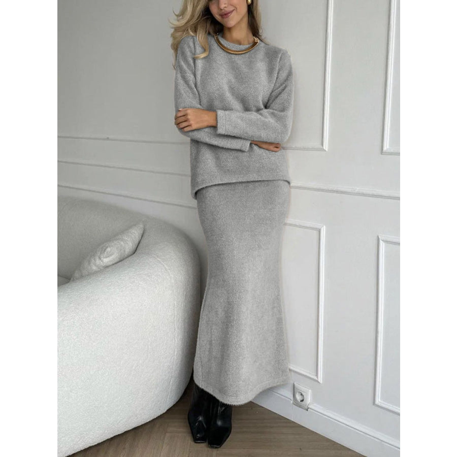 Round Neck Dropped Shoulder Top and Midi Skirt Sweater Set Gray / One Size Apparel and Accessories