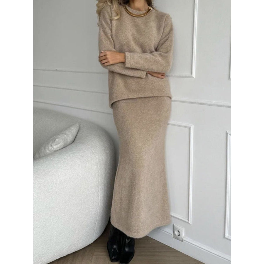 Round Neck Dropped Shoulder Top and Midi Skirt Sweater Set Tan / One Size Apparel and Accessories