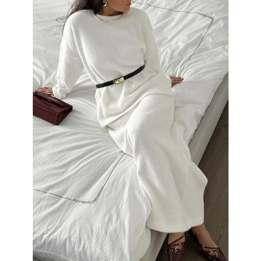 Round Neck Dropped Shoulder Top and Midi Skirt Sweater Set White / One Size Apparel and Accessories