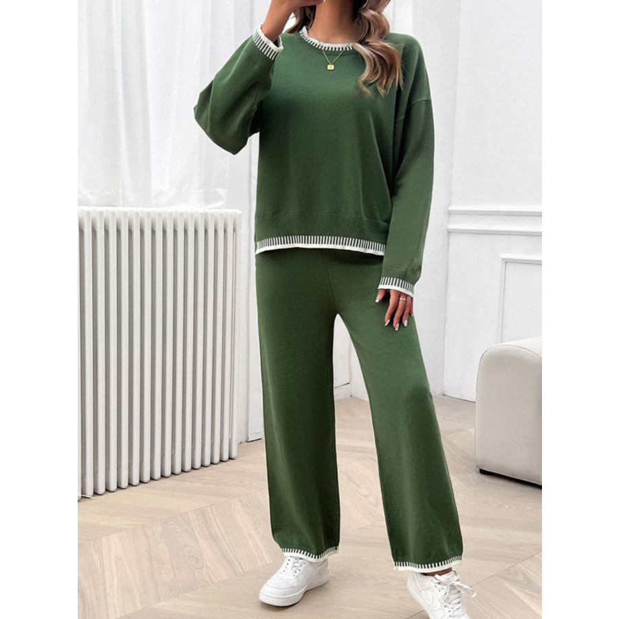 Round Neck Dropped Shoulder Top and Pants Sweater Set Apparel and Accessories