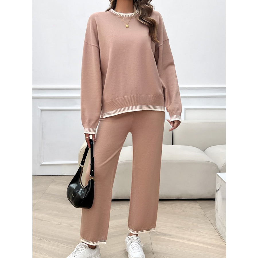 Round Neck Dropped Shoulder Top and Pants Sweater Set Apparel and Accessories