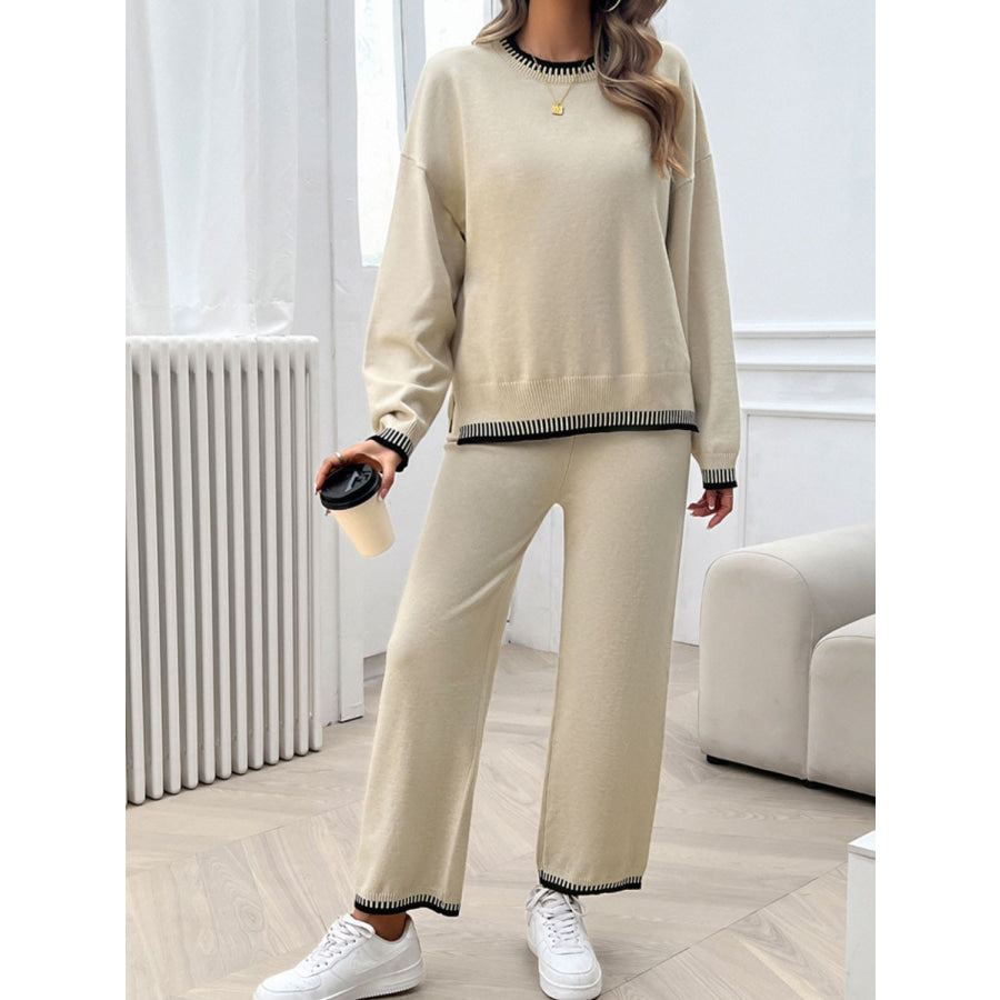 Round Neck Dropped Shoulder Top and Pants Sweater Set Apparel and Accessories