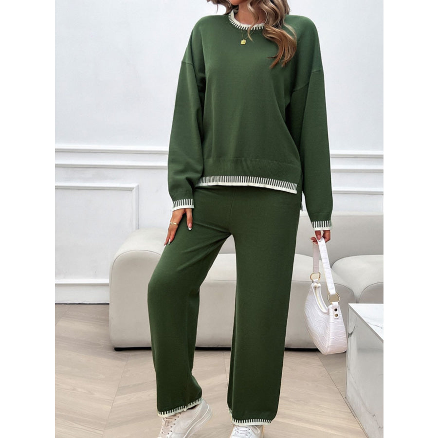 Round Neck Dropped Shoulder Top and Pants Sweater Set Apparel and Accessories