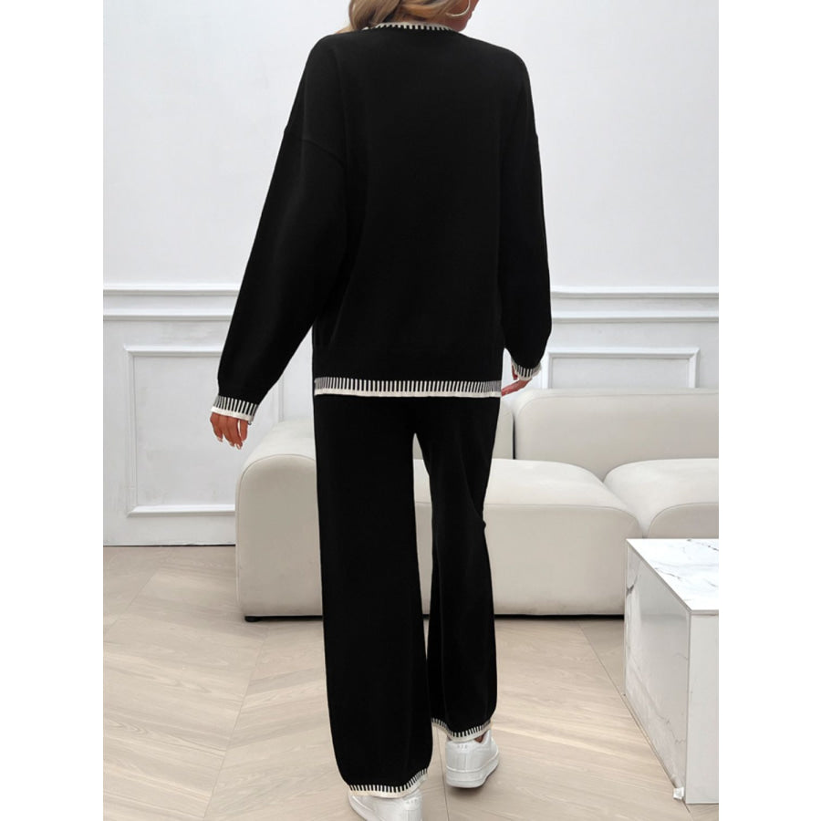 Round Neck Dropped Shoulder Top and Pants Sweater Set Apparel and Accessories