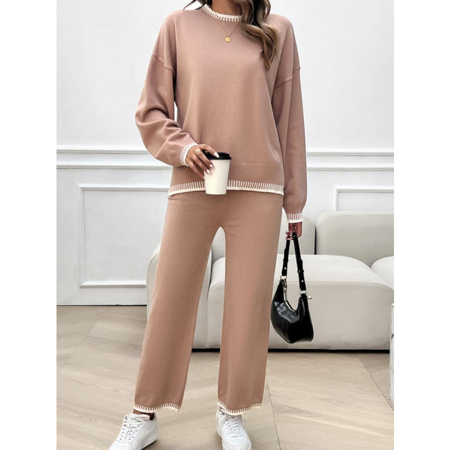 Round Neck Dropped Shoulder Top and Pants Sweater Set Apparel and Accessories