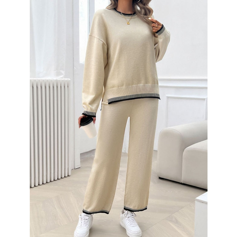 Round Neck Dropped Shoulder Top and Pants Sweater Set Apparel and Accessories